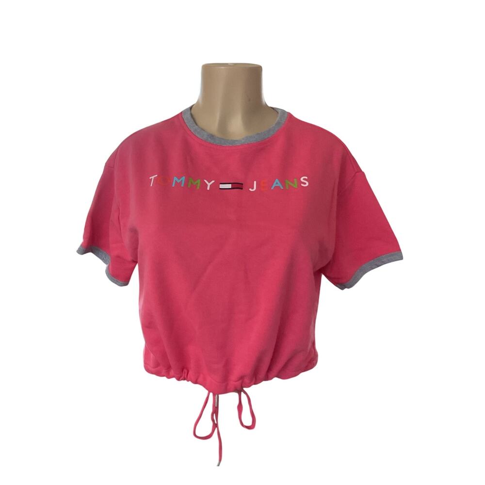 Tommy Jeans Y2K Crop T Shirt XXS Pink Logo Graphic Drawstring Hem Boxy Fit